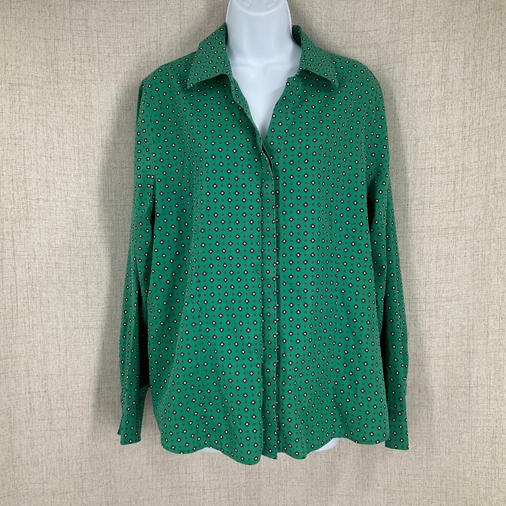 Chico's Button Down Shirt Women L Green Cotton No Iron Geometric Long Sleeve Top
